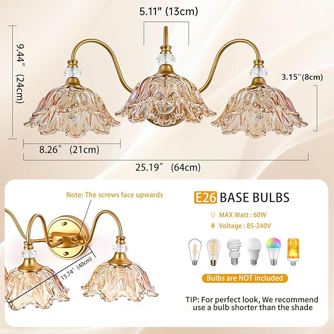 Vintage 3-Light Bathroom Vanity Light | Matte Brass & Flower Amber Glass Wall Sconce