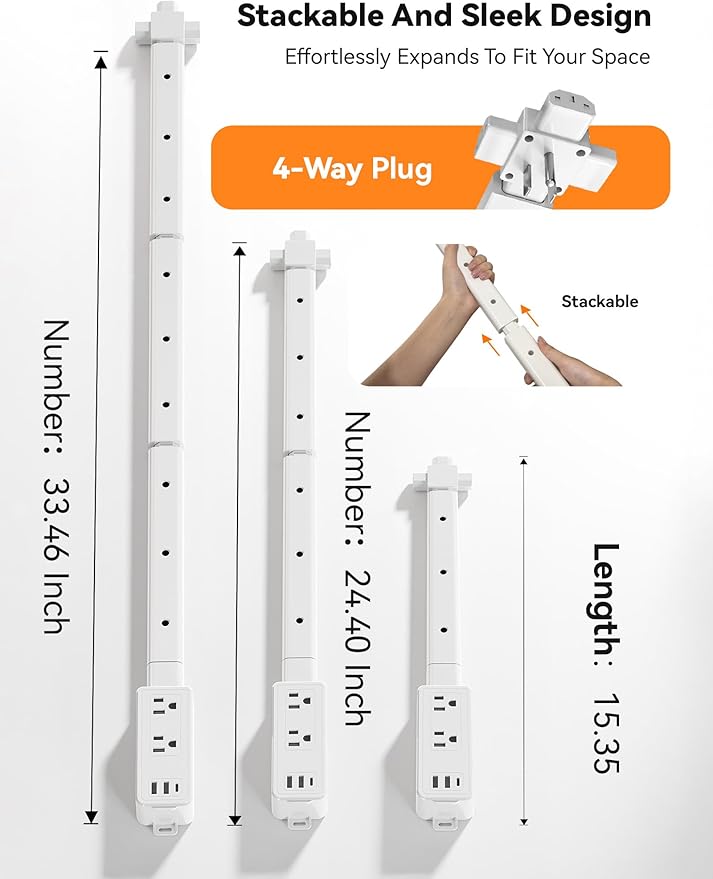 Blueera Electrical Outlet Extender Features USB-C, 2 USB-A, 2 AC Outlets, Access Hard-to-Reach Places, Extends 17''-36'', Extendable Outlet with 4-Way Plug for Behind Couches, Nightstands-1 Pack