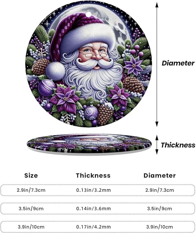 Merry Christmas Santa Claus Purple Christmas Ornaments, Christmas Decorations Xmas Tree Hanging Ornaments, Round Ceramic Festive Keepsake Gift for Xmas Decorations Holiday Home Decor