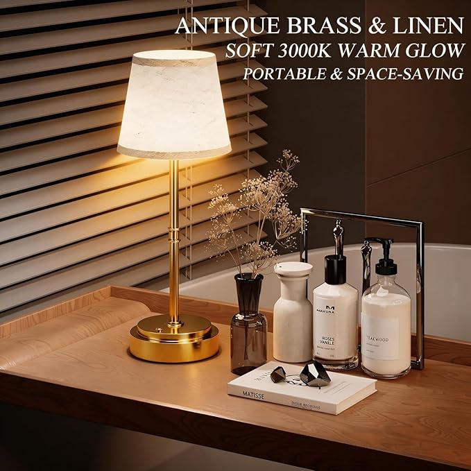 Cordless Table Lamp - 7500mAh Longest Lasting Battery Operated Lamp, 1 Pack Antique Brass Aesthetic Cozy Rechargeable Desk Lamp for Kitchen Counter, Dining Room & Restaurant Centerpiece