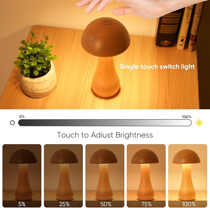 2 Pack Wooden Mushroom Lamp, Portable Cordless Small Rechargeable Battery Operated Lamp,Stepless Dimming,Night Light for Birthday Gifts