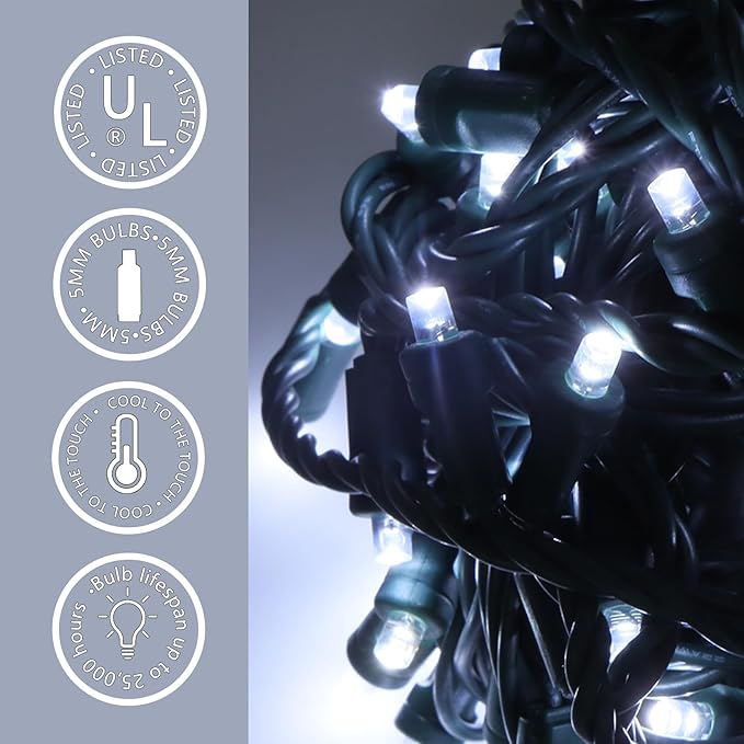 100 LED 5MM Cool White Christmas Lights, 33FT Indoor/Outdoor String Light, Mini Lights for Garden, Patio, Christmas Trees - Green Wire, Commercial Grade, UL Listed