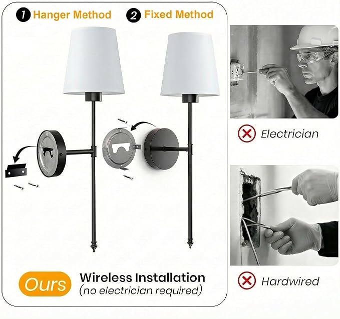 Wall Sconces Battery Operated Set of 2, Rechargeable Wall Sconce, 10 Colors Wireless Wall Sconces Set of Two, 5200mAh Dimmable Bulbs and Remote, for Bedroom Living Room, Hallway Decor (Black- 24 inch)