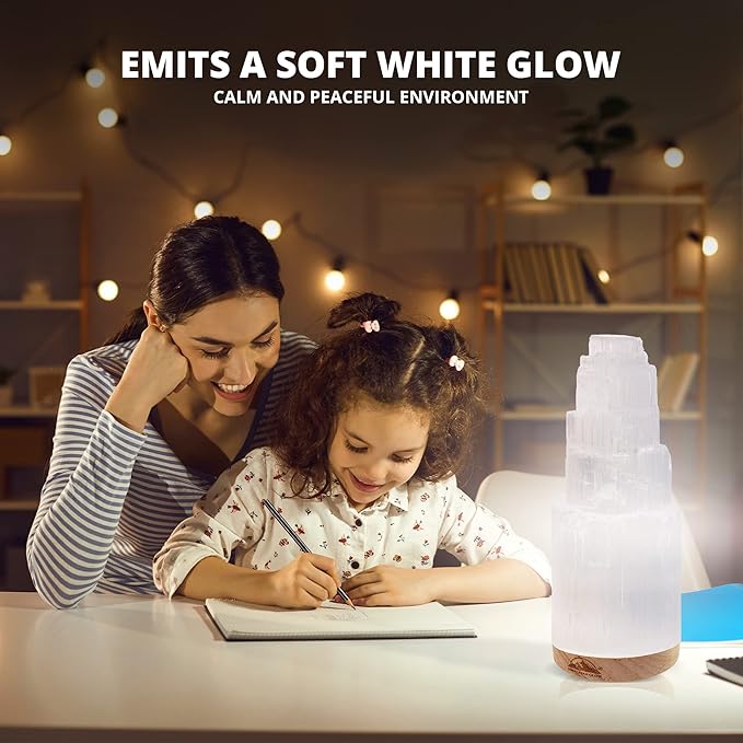 Himalayan Glow Crystal Lamp Authentic Handmade Moroccan Selenite with Wooden Base & USB Cable (ETL Certified), Ideal Gift Choice, 20cm, White