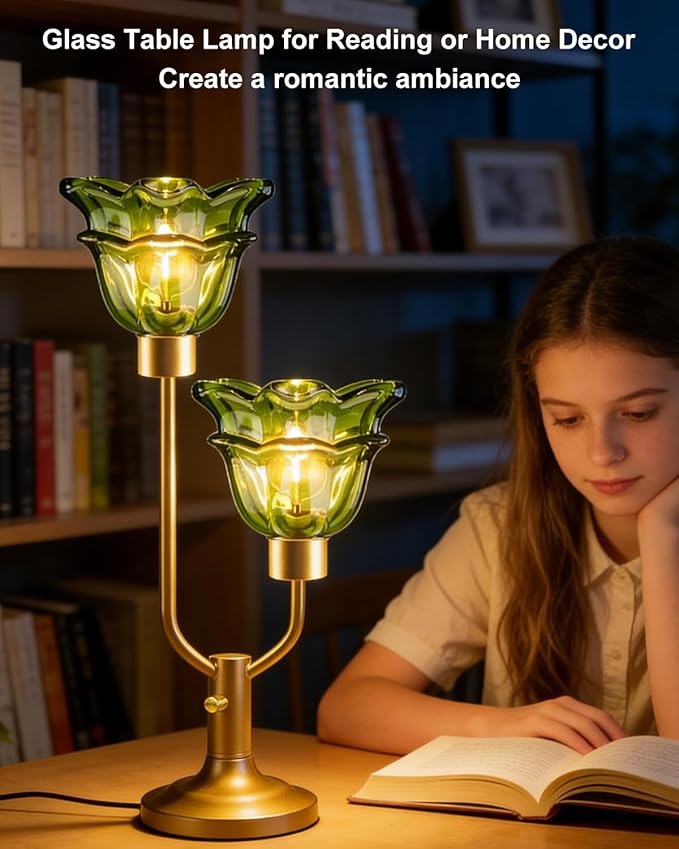 Lightdot Mid Century Modern Flower Table Lamp Gold Dimmable U-Shaped Green Glass Desk Lamps with 2Pcs 3000K Warmwhite Bulbs Included Bedside Nightstand Lamp for Living Room Bedroom