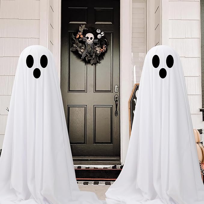 Halloween Decorations Outdoor -DIY 2PCS Large Lighted White Cloth Ghosts-Cute Ghosts with 30 LED String Lights-Light Up Holiday Party Home Porch Yard Decorations