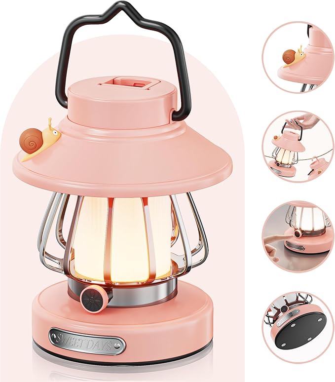 HOMY Pink Retro Kids Camping Lantern, 3-Color Dimmable Portable LED Night Light with Handle, Vintage Decorative Lamp for Toddlers, Gift for Tent, Backyard & Indoor Play
