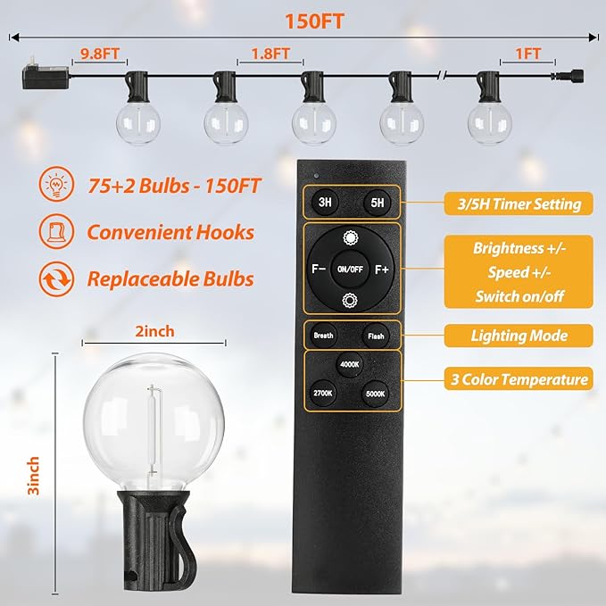 150FT LED Outdoor String Lights with 3 Color Lights, Dimmable String Lights for Outside with Remote, G40 Globe Waterproof Patio Lights with 75+2 Shatterproof Bulbs for Party Backyard BBQ House Camping