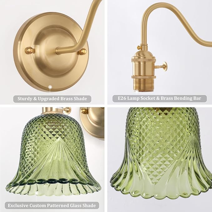 Battery Operated Wall Sconce Set of 2, Vintage Rechargeable Wall Lights with Green Diamond Flower Glass Shade, Wireless Indoor Wall Lamp with Remote for Bedroom Living Room Bathroom