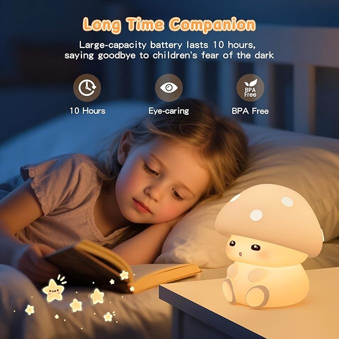 Mushroom Night Light, White Silicone Night Lamp, Touch Control with 30/60 min Dimmble, 3 Brightness Levels, 7 Color Changing, LED Night Lights, USB-C Rechargeable, Gifts for Girls Boys