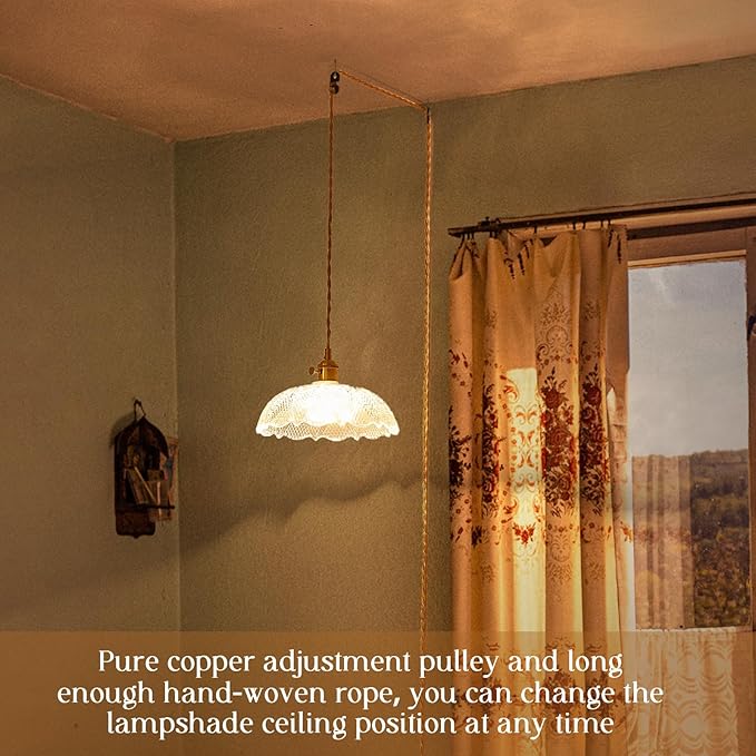 Hanging Lamp Plug in,Braided Adjustable 14Ft Light Cord Plug in Pendant Light 9.8 Inch Glass Lampshade Hanging Ceiling Light Kitchen Island On/Off Switch Hanging Lights