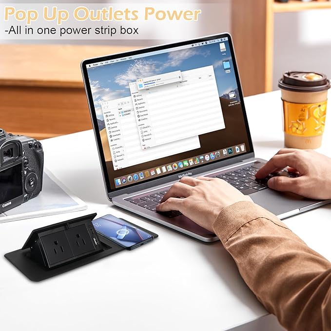 Table Pop Up Outlet Automatic Pop Up Strip Center Countertop Recessed Power Strip with 15W Wireless Charger + USB A + USB C + 2AC 5.9Ft Cord for Conference Desk Office Kitchen (Black-Wireless)