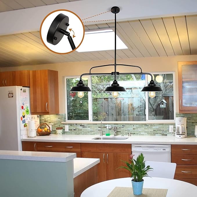 Modern Farmhouse Black Pendant Lighting Fixture, 3-Lights Industrial Linear Chandelier Metal Hanging Lamp for Kitchen Island Dining Room Living Room Hallway Pool Table