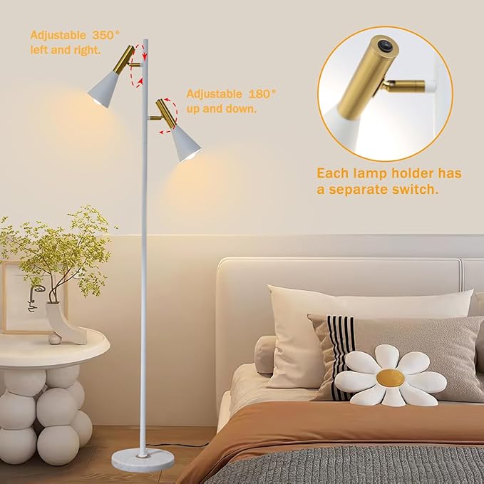 Elegant Modern Floor Lamp with 2 Adjustable Head,White and Gold Stand up Lamps with Marble Base,Tall Pole Uplight,Tree Floor Lamps for Living Room,Office