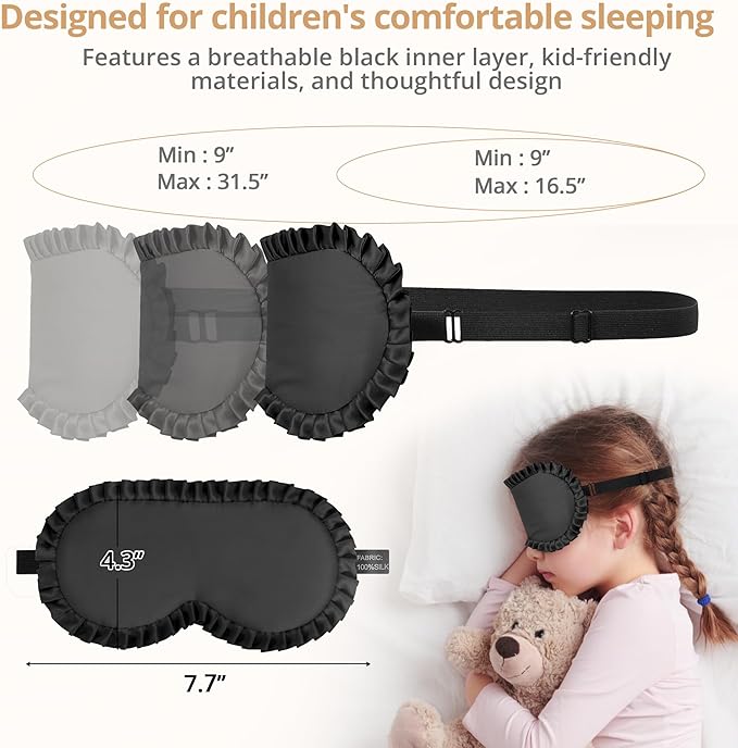 Kids Sleep Mask, 100% Real Mulberry Silk Eye Mask, Sleeping Mask for Kids with Adjustable Elastic Band, Soft & Light Blocking Eye Cover Gift for Boys Girls Teens Age 5+ (Black)