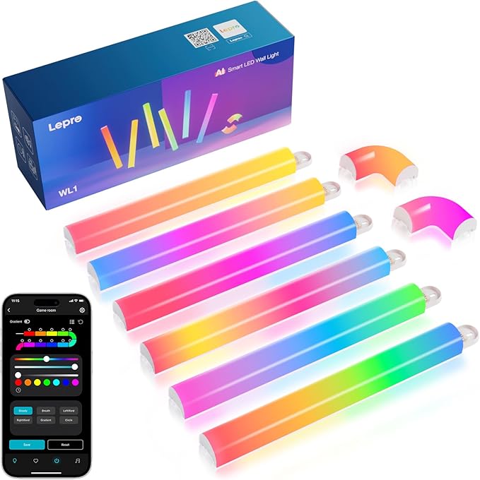 Lepro WL1 AI Smart RGB Wall Lights for Christmas Decorations, LLM AI Generated Lighting with LightBeats Music Sync, Voice Control Via App, Wi-Fi & Bluetooth LED Light Bars, 6 Pcs with 2 Corners