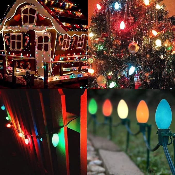 C9 Ceramic Christmas Replacment Bulbs, 25 Pack Multicolor Light Bulbs for E17 Candelabra Base Outdoor/Indoor String Lights, 7 Watt