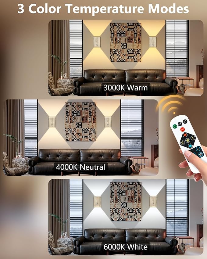 Rechargeable Motion Sensor Wall Sconce Set of 2 – 5000mAh Wireless Battery Operated Wall Light Indoor, 3 Colors Up/Down Lighting Magnetic Night Light with Remote Control for Bedroom, Hallway (Wood)