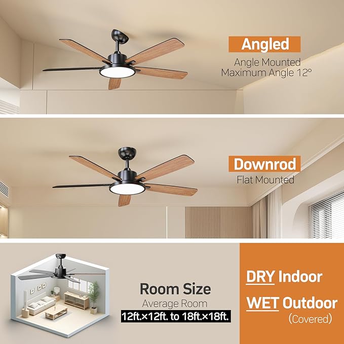 TALOYA 52 Inch Black Ceiling Fans with Lights Led Back Light Remote Control Flush Mount Low Profile for Bedroom Living Room Outdoor Patio,Reversible,DC Motor,3 Color Temperatures,5 Blades