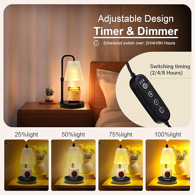 Candle Warmer Lamp with Timer Electric Wax Warmer for Scented Wax Melt Warmer Melter for Jar Candles Dimmable Adjustable Height Gifts for Women Mom House Warming Frossted Glass Black