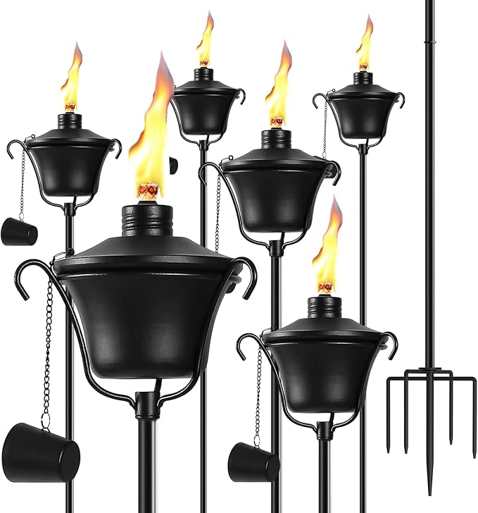 6 Pack Outdoor Garden Torch, 15 oz Outdoor Citronella Torches, 58 Inch 5-Prong Grounded Stake Torches, Metal Torches with Fiberglass Wick for Yard, Patio, Deck, Garden, Party, Landscape ﻿