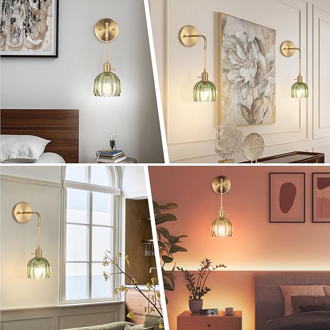 Vintage Wall Sconce, Battery Operated Wall Sconce with Deep Green Tulip Glass Lampshade, Indoor not Hardwired Wall Sconces with Remote, Rechargeable Vintage Wall Lamp, for Bedroom Living Room