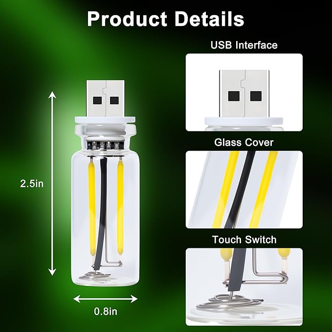 Car USB Night Light Touch Dimmable - 2-Pack Retro LED Filament Lamp for Truck Interior, Bedroom & Camping | Glass Bottle Ambiance Lighting (Green)