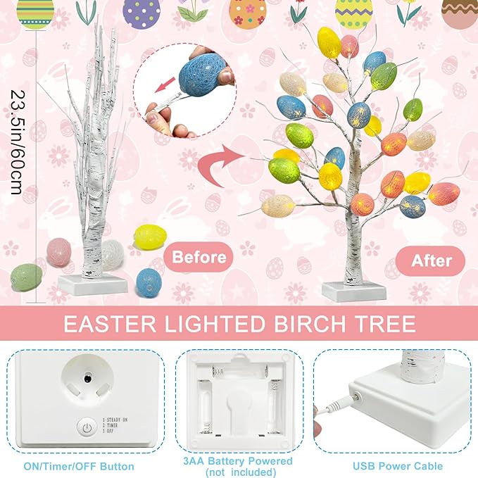 Easter Decorations,Pre-Lit Artificial Easter Egg Tree with LED Lights,2FT Lighted Birch Tree,Light up Tree Lamp for Spring Holiday Tabletop Decor