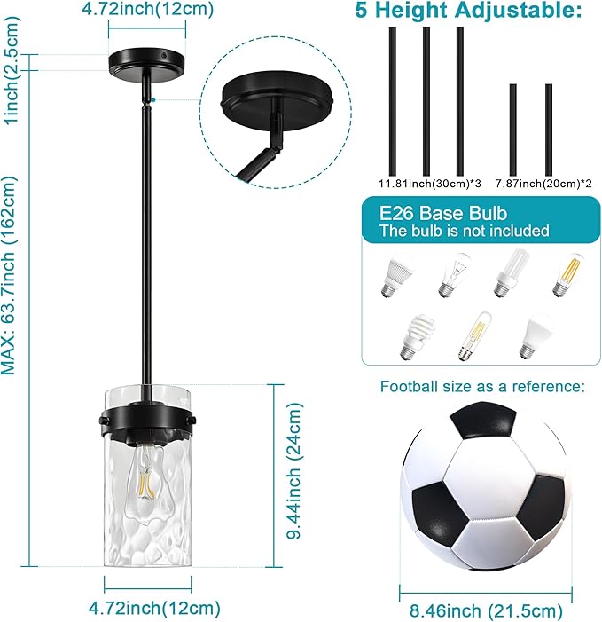 4.72" Hammered Glass Pendant Lighting for Kitchen Island 1 Pack, Modern Black Pendant Light Fixtures, Adjustable Ceiling Pendant Light for Kitchen Island Dining Room Bedroom Hallway