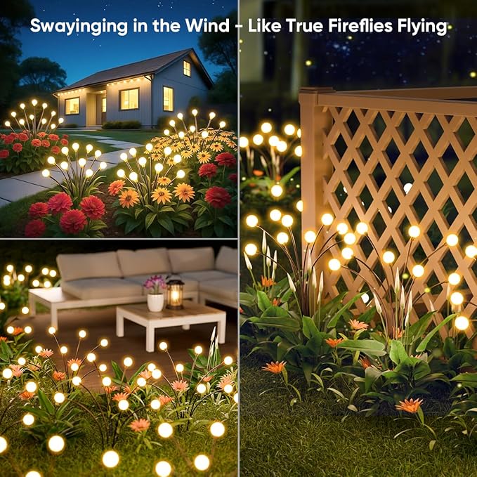 Solar Lights Outdoor Waterproof: 4 Pack 32 LED Swaying Firefly Solar Powered Garden Lights - Warm LED Lighting Outside Pathway Yard Patio Decorations - Unique Gardening Gifts for Women Mom