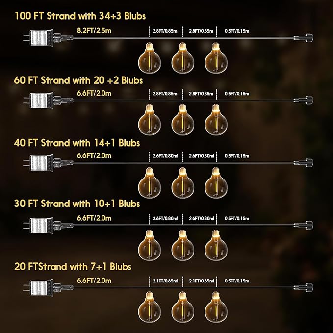 Outdoor String Lights 20ft LED Hanging Globe Patio Lights with G40 Shatterproof Bulbs(7+1 Bulbs), Waterproof Connectable Hanging Light for Indoor Outdoor Decor Garden Camping Backyard Porch