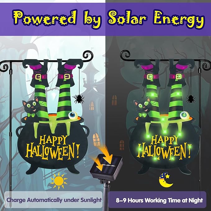 Halloween Lighted Garden Flag for Outside, Led Solar Yard Flag 8 Modes Witch Feet Shape Flag, 28x43 Double Sided Cauldron Eyeball Black Cat Decorations for Home Porch