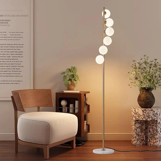 NKU Mid Century Gold Retro Floor Lamp - White Glass Lampshade with Foot Switch, 3 Color Temperatures, 6 Globe Standing Tall Lamp for Living Room, Bedroom & Office