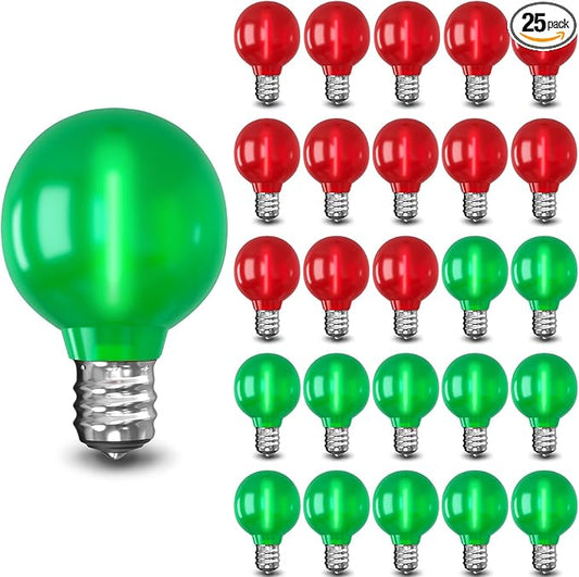 25 Pack Frosted Red Green G40 LED Light Bulbs – 0.6W E12 Base Replacement Bulbs for Christmas Lights, String Light Bulb for Outdoor String Lights, Christmas Tree, Porch, Holiday Decorative Lighting