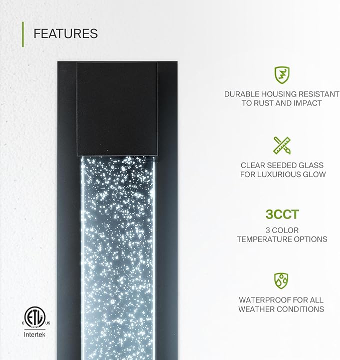 ASD LED 24 Inch Bubble Glass Wall Light Fixture | 20W 600LM 3000K-5000K 100-277V | 3CCT, Waterproof, Dimmable, ETL Listed | Exterior Flush Mount Sconce, Outdoor-Indoor Lighting | Black
