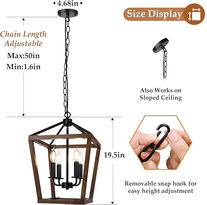 Farmhouse Chandelier Light Fixture for Kitchen Dining Room, 4-Light Rustic Pendant Hanging Ceiling Light Height Adjustable in Oak Wood Finish, Cage Lantern Lighting with E12 Base for Hallway Foyer
