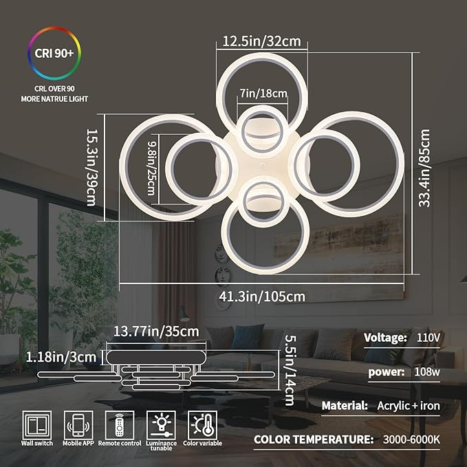 Modern LED Ceiling Light, Dimmable LED Chandelier Flush Mount Ceiling Lights, Remote Control Acrylic Ring Ceiling Lamp Fixture for Living Room Dining Room Bedroom (White, 8 Rings)