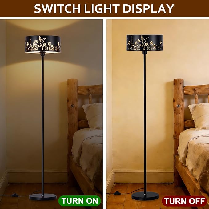 Mid Century Floor Lamp,Unique Hummingbird Floral Black Farmhouse Drum Gothic Floor Lamp with White Parchment,57.67" Tall Metal Rustic Standing Light for Living Room,Bedroom,Home,Office