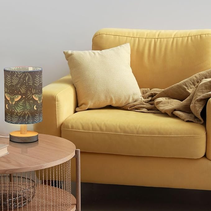 Fustylead Mystical Green Moth with Stars Moon Ferns Bedside Table Lamps with USB Port for Bedroom Lamp Small Nightstand Lamp Sturdy Linen Shade Wooden Decorative Lamps for Living Room Home Dorm Kids