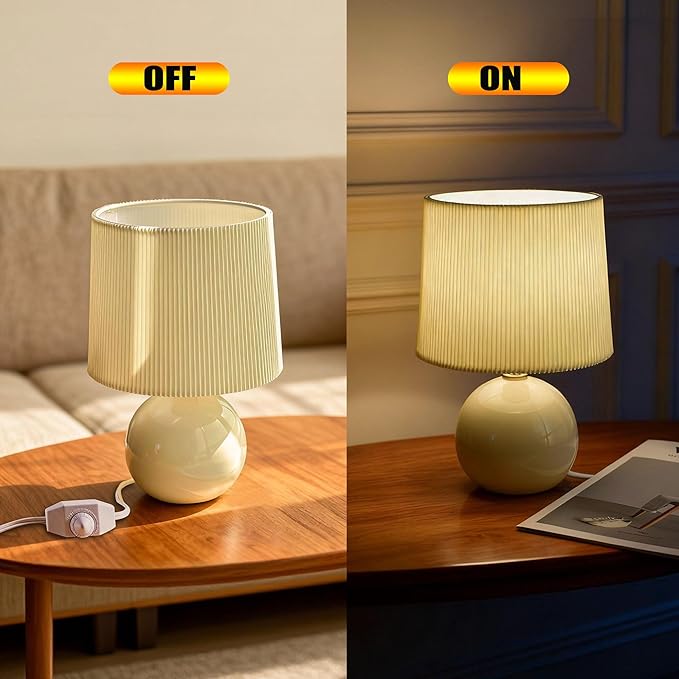 jonong Small Pleated Table Lamp, Ceramic Desk lamp,Modern Bedside Nightstand Lamp with Beige Lampshade, Cute Lamp for Bedroom Living Room Home Office Decor,Kids, Women, for Gift Present (Beige, M)