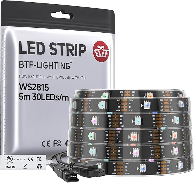 BTF-LIGHTING WS2815 (Upgraded WS2812B) LED Strip Light,UL Listed,16.4FT 150 LED/Pixels,Flexible Chasing RGB,Dual Signal Individually Addressable,5050SMD,DC12V IP67(No Adapter or Controller)