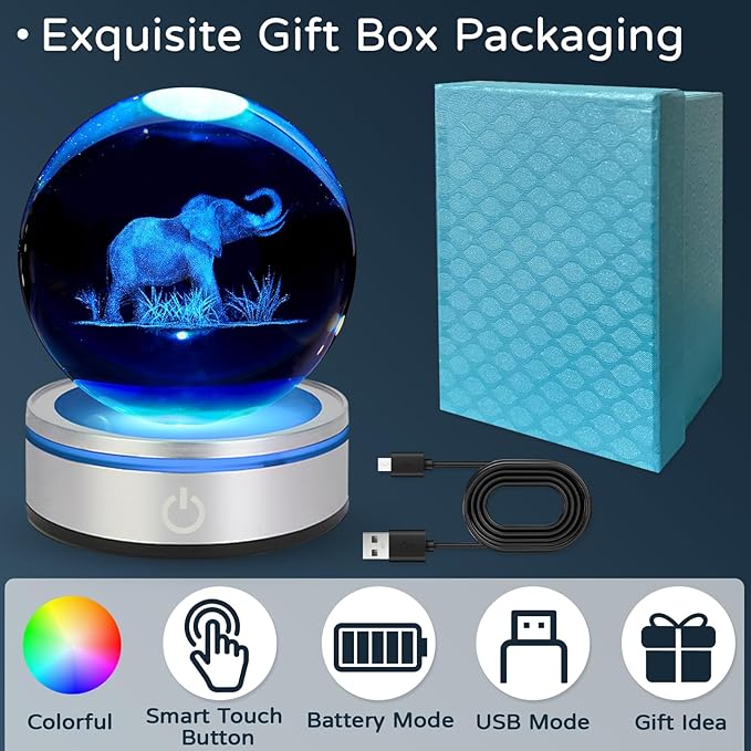 3D Crystal Ball Night Light - Elephant Gifts for Women, 3.15 In, Glass Lamp Home Decor for Birthday Christmas with LED Colorful Touch Base, Elephant Figurine Gifts for Her, Kids, Friends