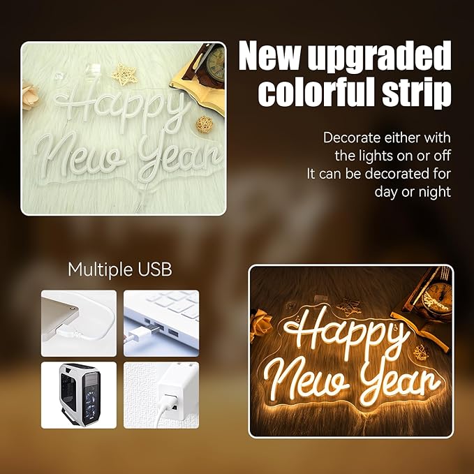 Ineonlife Happy New Year Neon Sign Dimmable Neon Signs For Wall Decor Led Lights For Bar Man Cave Club New Year Party Bedroom Hoom Showcase Shop Decor Gifts USB Powered 16.54x10.83in