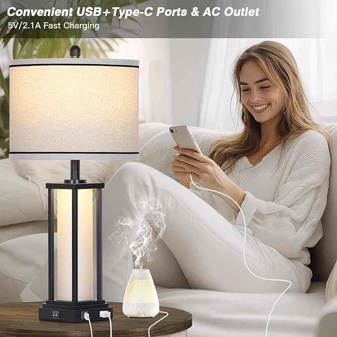 27" Tall Vintage Table Lamp Set of 2 with USB C+A & Outlet,Black Industrial End Table Lamp for Living Room,Farmhouse Rustic Bedside Lamps with Frosted Glass Night Light for Bedroom Nightstand,Black