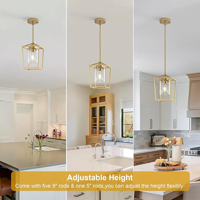 2 Pack Gold Pendant Lights Kitchen Island, Farmhouse Kitchen Pendant Light Fixtures, Metal Cage Island Lights with Clear Glass Shade for Kitchen, Entryway, Dining Room, Hallway