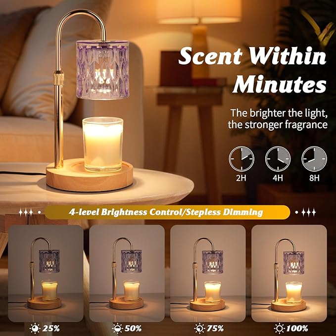 Candle Warmer Lamp with Timer and Dimmer, Height and Brightness Adjustable,Glass Electric Wax Warmer with 2 Bulbs for Women Mom Gifts, Home Decor for Scented Jar Candles (Purple)