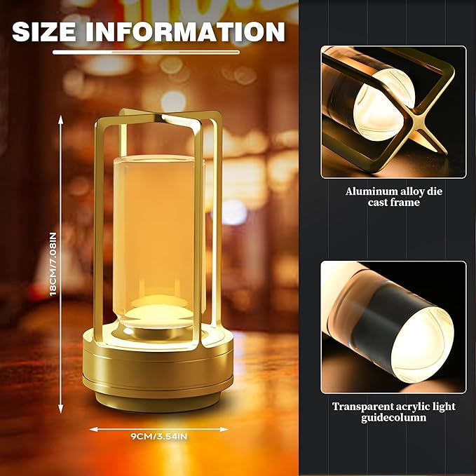 Cordless Portable Table Lamp-Rechargeable LED Lighting. Featuring 3 Adjustable Color Temperatures & Stepless Dimming Function, Battery-Operated Desk Lamp Adapts to Indoor/Outdoor Settings(Gold)