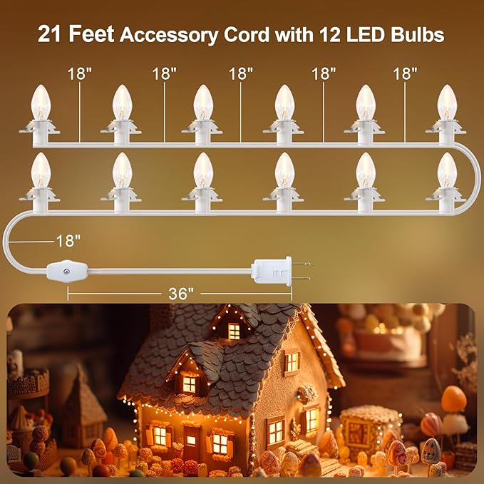 SURAIELEC 21 FT Christmas Village Lights, Accessory Cord with 12 LED Bulbs, C7 Snow Village Light Cord with Switch, Replacement Lights for Holiday Craft Decorations, UL Listed