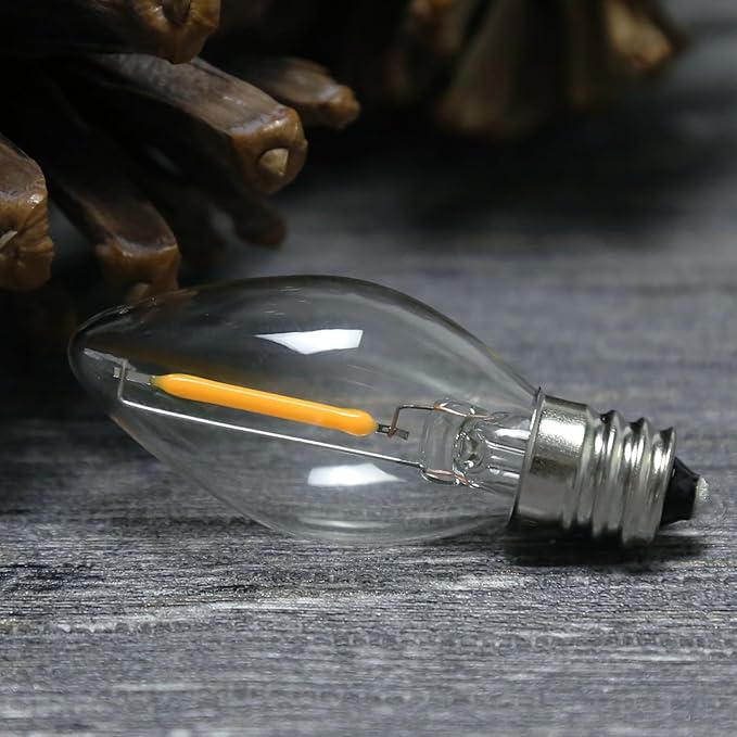 C7 LED Night Light Bulbs 0.6W Equivalent to 7W C7 Candelabra LED Filament Light Bulbs E12 Candelabra Base Lamp Clear Plastic Soft White 2700K Outdoor String Lights 25 Pack