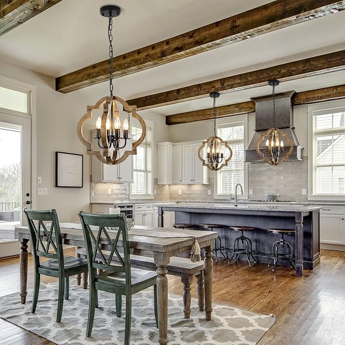 Farmhouse Orb Chandelier, 4-Light Rustic Wood Chandelier for Dining Room, 15.74'' Pendant Light for Kitchen Island Hallway Foyer Entryway Bedroom